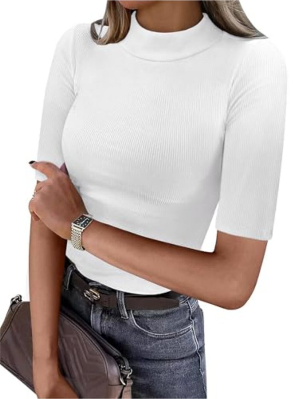 Women's Ribbed Knit Mock Neck Half Sleeve Tee - Skinny Fit Top